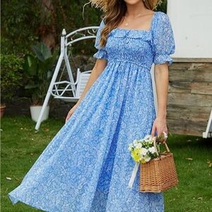 Sky Blue Floral Square-Neck Maxi Dress with Puff Sleeves